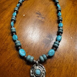 Handmade Turquoise Beaded Necklace with Silver Pendant